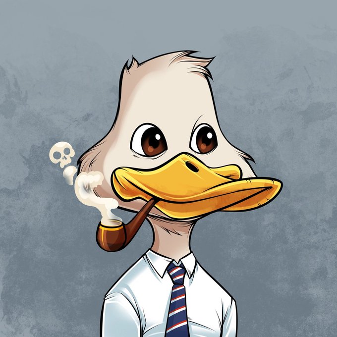 A cartoon duck wearing a white dress shirt and striped tie, smoking a pipe with a skull-shaped puff of smoke, depicted in an anthropomorphic style.