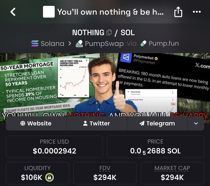 A crypto token page showing 'NOTHING / SOL' on Solana via PumpSwap and Pump.fun, featuring a meme image with news about 50-year mortgages and 180-month auto loans, priced at $0.0002942 with $106K liquidity and $294K FDV.