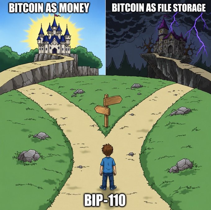 A meme contrasting 'BITCOIN AS MONEY' and 'BITCOIN AS FILE STORAGE' using a 'two paths' visual metaphor, with 'BIP-110' labeled at the choice sign.
