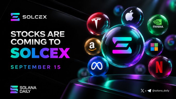 A promotional graphic for SolCex Exchange announcing the upcoming launch of stock trading on September 15, featuring the SolCex logo alongside colorful 3D spheres displaying recognizable company brands including Tesla, Apple, NVIDIA, Amazon, Microsoft, Google, Meta, and Netflix, with "SOLANA DAILY" branding and social media handles @solana.daily at the bottom.