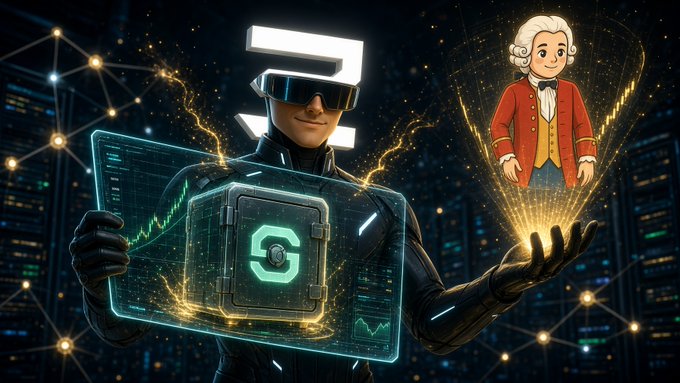 A futuristic digital illustration shows a person wearing VR goggles and a dark suit holding a glowing holographic cube with a 'G' logo, while a cartoon depiction of a classical composer in a powdered wig stands in the projection.
