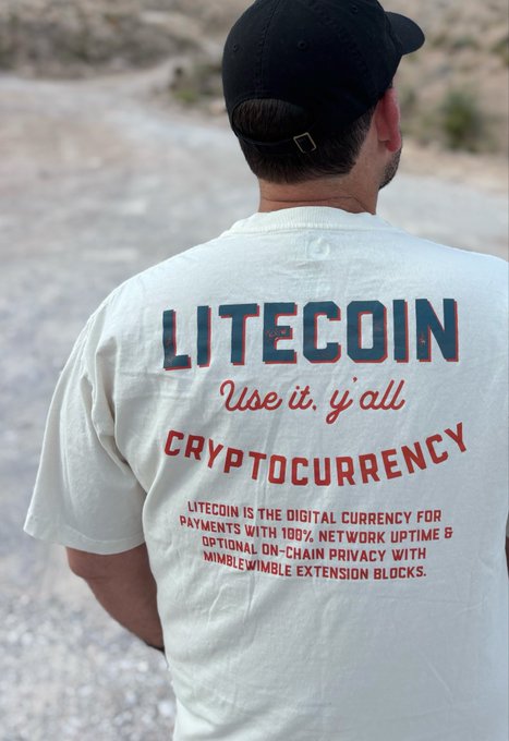 A man wearing a black cap stands with his back to the camera, displaying a cream-colored t-shirt featuring "LITECOIN" and "CRYPTOCURRENCY" in bold red lettering, along with the tagline "Use it. y'all" and text describing Litecoin as a digital currency with 100% uptime, on-chain privacy, and optional MimbleWimble extension blocks. The image aligns with the post's reflection that "this space is noise" by capturing the casual, grassroots evangelism often seen in crypto communities—promotional apparel turning even a quiet outdoor setting into a billboard for digital currency.