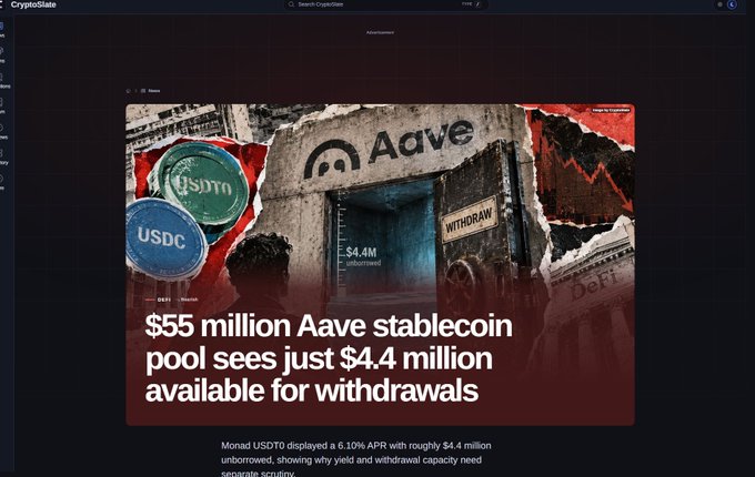 A CryptoSlate article headline reads '$55 million Aave stablecoin pool sees just $4.4 million available for withdrawals', showing images of DAI and USDC coins.