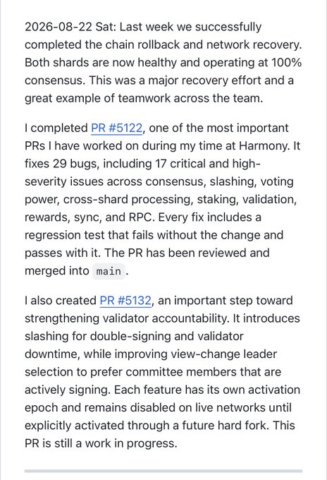 The image shows a progress update dated 2026-08-22 detailing Harmony's successful chain rollback and network recovery, with both shards operating at 100% consensus. It highlights the completion of PR #5122 (fixing 29 bugs including 17 critical issues across consensus, slashing, voting power, and more) and the creation of PR #5132, which introduces slashing mechanisms for validator accountability. The text aligns with the post's celebration of teamwork between Harmony, OKX, and Binance in restoring network health.