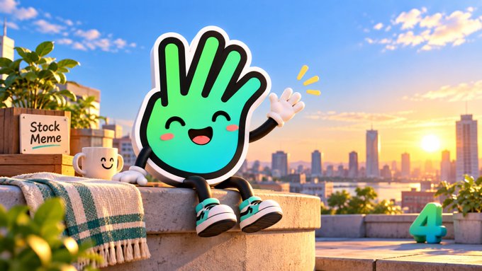 A cheerful green hand-shaped cartoon character waves from a rooftop at sunset, with the text "Stock Meme" on a nearby wooden crate, complementing the "GM #Four #FourCommunity" post with its friendly, welcoming vibe.