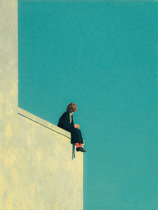 A minimalist painting in the style of Andrew Wyeth shows a solitary figure in a dark suit with red socks sitting on a pale yellow ledge against a vast teal background.