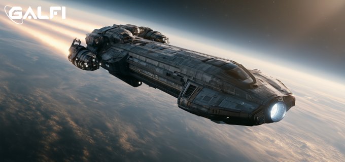 A CGI rendering of a dark gray spaceship flying above Earth's atmosphere with thrusters firing behind it, featuring the 'GALFI' logo in the top left corner.