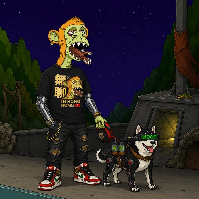 The image features a man wearing a black shirt, holding a dog leash, and standing next to another dog with a green bandana around its neck. The dogs are positioned close together, suggesting they might be friends or companions. In the background, there is a building that appears to be a house, adding an urban touch to the scene. The image also includes text in Chinese, which could indicate it was created for an online platform like NFT.
