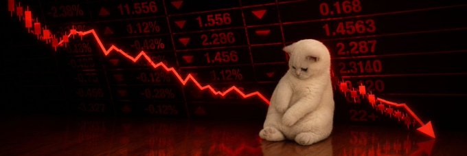 A sad white cat sits slumped against a backdrop of a steeply falling red stock chart with percentages like -2.38%, -1.12%, and -0.48% displayed, symbolizing the bearish "short" sentiment tied to Solana token $SHORTCAT. The image visually captures the token's name through the dejected feline paired with plummeting market figures, matching the Moby community banner's playful take on bearish trading.