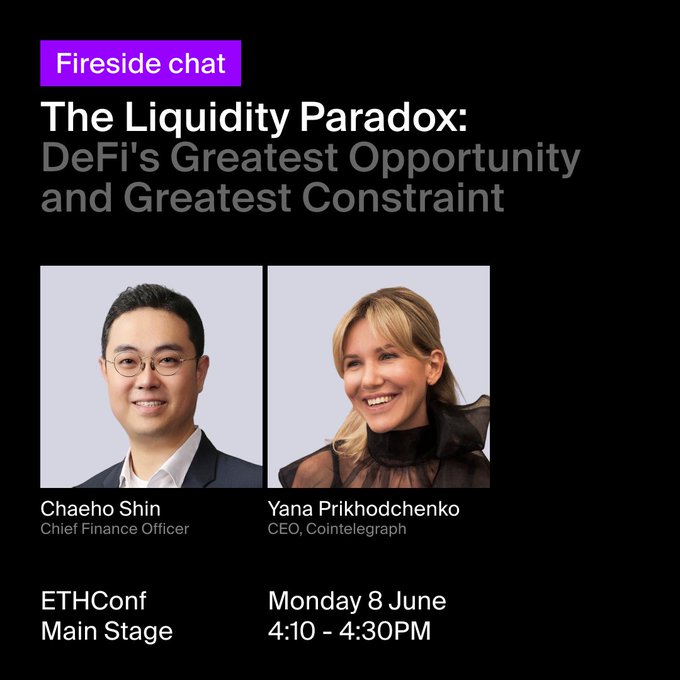 The image features two people standing next to each other against a black background with white text. The text includes information about an event happening on Monday, June 8th at 4:10 PM. The main focus of the image is the title "Fireside Chat" and the caption "The Liquidity Paradox: DeFi's Greatest Opportunity and Greatest Constraint".
