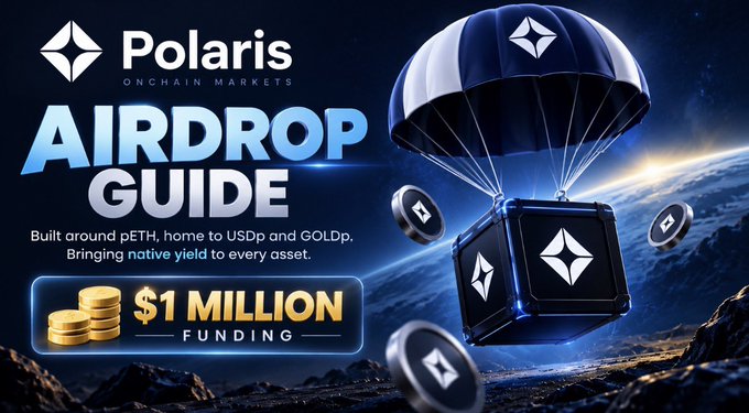 A promotional graphic for the "Polaris" onchain markets project, featuring a blue and white parachute delivering a black crate filled with Polaris-branded coins against a space backdrop, highlighting a "$1 Million Funding" and an "Airdrop Guide" focused on the DeFi protocol's pETH, USDp, and GOLDp assets.