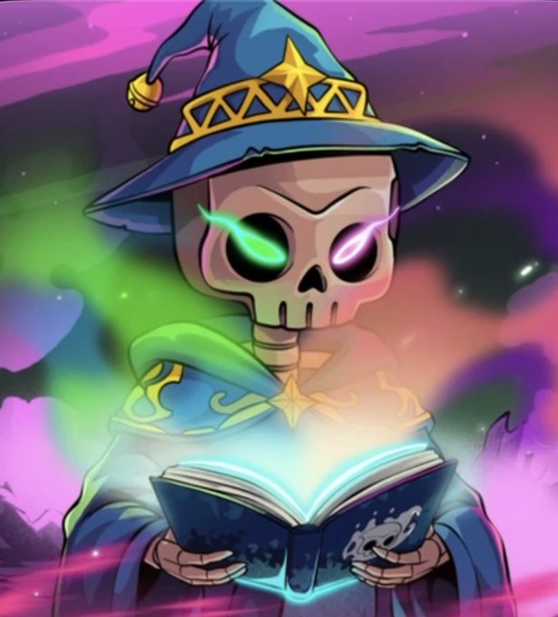 A cartoon skeleton wizard in a blue star-patterned hat and robe reads from a glowing spellbook, with green and purple magic emitting from his eye sockets.