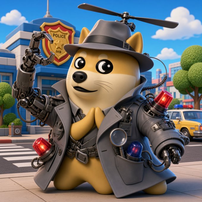 A 3D-rendered Shiba Inu character dressed as a police officer with a hat, trench coat, and robotic arms stands in front of a police station labeled 'POLICE'.