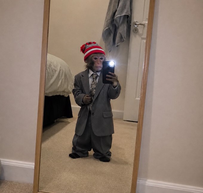 A monkey in a gray suit, patterned tie, and red-and-white knit beanie takes a mirror selfie with a smartphone in a bedroom.