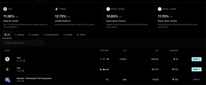 A screenshot of a Pendle Finance dashboard displaying yield options for the Tori (tUSD) token, showing 11.26% APY for staking, 12.73% APY for tUSD Pendle LP, 10.85% APY for Royco Senior Tranche, and 11.70% APY for Royco Junior Tranche, along with TVL figures of $136.2M and $155.1M for the two Tori asset positions. The image supports the post by illustrating the author's investment strategy after Tori funds were released, showcasing the various yield-earning opportunities they're considering through the Pendle platform.