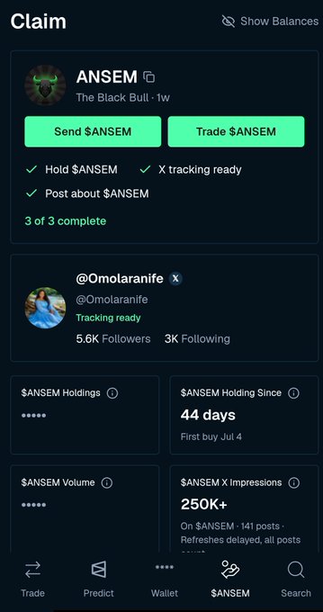 The image displays the Phantom wallet interface showing a user's $ANSEM holdings with 5.6K followers on @Omolaranife's tracking page, indicating they are on day 44 of holding $ANSEM with 250K+ X impressions—aligning with the post celebrating day 44 of holding the token and bullish belief in @blknoiz06's vision for a $1B market cap.