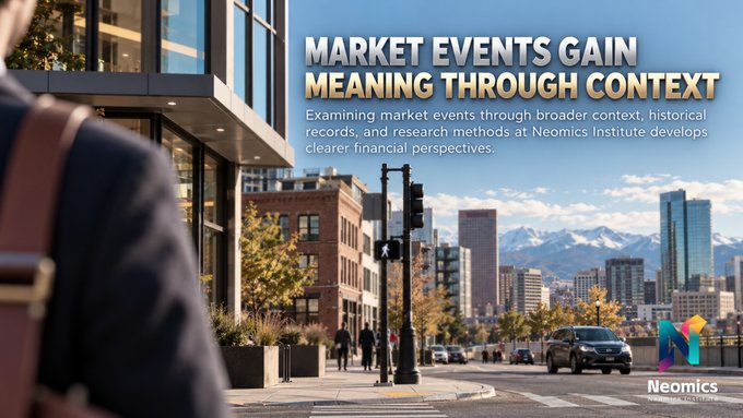 A person with a backpack overlooks a sunny city street with mountains in the background, while overlay text reads "MARKET EVENTS GAIN MEANING THROUGH CONTEXT — Examining market events through broader context, historical records, and research methods at Neomics Institute develops clearer financial perspectives," alongside the Neomics Institute logo. The urban financial-district setting visually reinforces the post's message about gaining broader perspective on markets through structured, contextual learning.