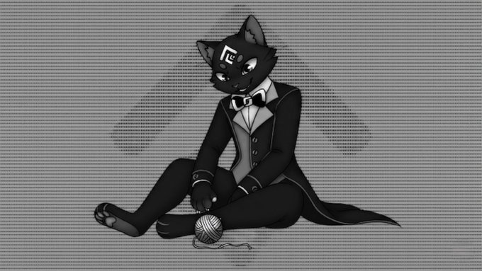 A black-and-white digital illustration of a black cat-like character wearing a formal tuxedo with a bow tie, sitting on the floor with a ball of yarn at its feet.
