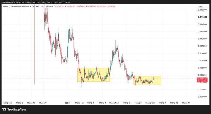 TradingView candlestick chart of PENGU/USDT perpetual contract from BingX showing price action with two yellow rectangular accumulation zones highlighted between $0.006-0.008.