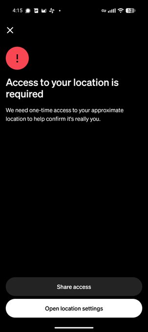 A screenshot showing a mobile prompt that reads "Access to your location is required" with "Share access" and "Open location settings" buttons, illustrating the author's frustration that Cash App now demands location access to make Lightning payments on GrapheneOS.
