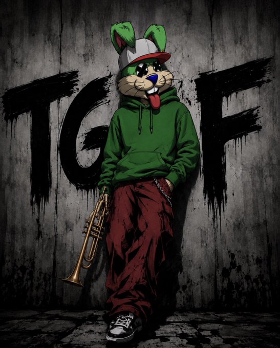 An anthropomorphic rabbit character wearing a green hoodie, red pants, and a cap leans against a gray concrete wall emblazoned with the word "TGF" in black, dripping graffiti.