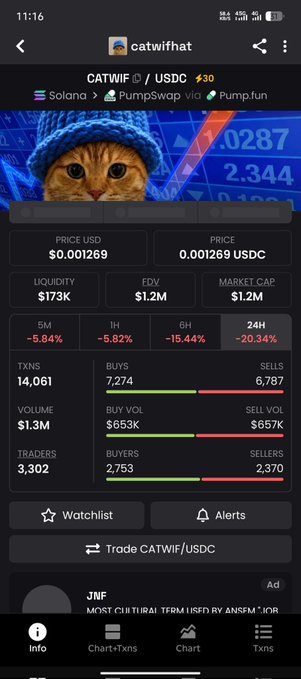 A screenshot of a cryptocurrency trading app showing 'CATWIF/USDC' token data with a cat wearing a blue hat, priced at $0.001269 with a market cap of $1.2M.