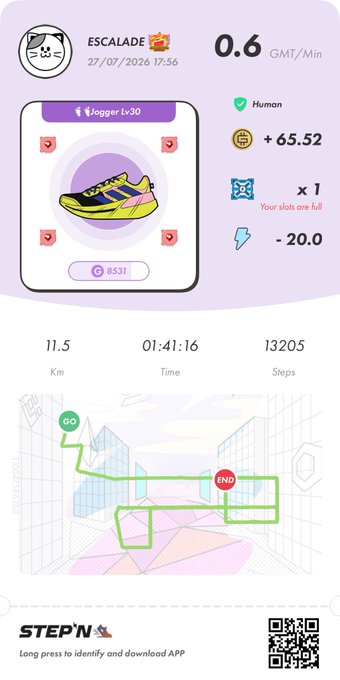 A STEPN app screenshot showing an 'ESCALADE' profile with a yellow sneaker NFT at level 30, displaying 11.5 km jogged in 01:41:16, along with a route map ending at 'END'.