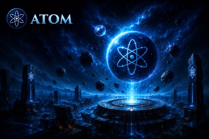 A sci-fi themed graphic featuring the 'ATOM' cryptocurrency logo and an atom symbol hologram floating above a glowing circular platform in a futuristic blue space city with floating asteroids.