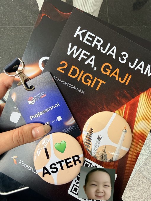 A hand holding ID badges and promotional materials with text reading 'KERJA 3 JAM WFA, GAJI 2 DIGIT' and 'BUKAN SCAM KOK', alongside buttons featuring 'I ♥ ASTER' and 'Konten.co'.