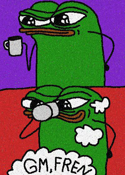The image features a cartoon frog with green skin and brown eyes sitting at a table holding a cup of coffee. The background of the image is purple, which contrasts with the green frog. There are two other cartoon frogs in the scene, one on each side of the main frog. They appear to be engaged in conversation or observing something happening around them. The text "Gm.Freen" is written below the main frog's head and appears to be a reference to Bitcoin trading hours.