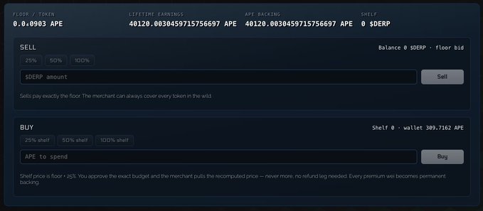 The image displays the stonkpit.xyz Blue Merchant interface showing APE/Token metrics including a floor price of 0.0903 APE, lifetime earnings of 40120.0030459715756697 APE, and APE backing of the same amount, alongside Sell and Buy options for the $DERP token (priced at 0 APE). This relates to the post about buying 20k $APE on Robinhood Crypto to back the Blue Merchant at the floor price, doubling the Derp/APE buy price at the merchant.