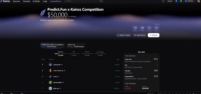 A screenshot of the "Predict.Fun x Kairos Competition" leaderboard showing a $50,000 prize pool with 20 days, 8 hours, 55 minutes, and 20 seconds remaining, where user "crab school" is currently in 2nd place with $23.5K, behind "acidcoptle" leading with $19.5K.