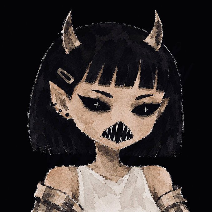 The image features a girl with black hair wearing a white shirt, depicted as having horns and a monster mouth. She has dark makeup on her face, giving her an evil appearance. The girl's expression appears to be sad or distressed.