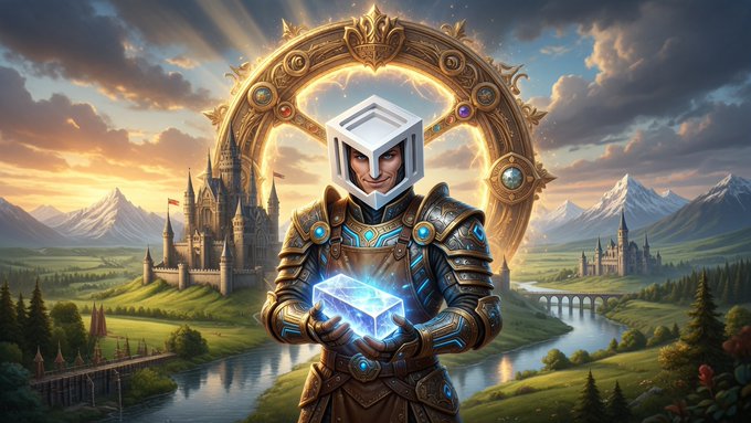 A fantasy artwork of an armored knight holding a glowing blue crystal, standing before a golden circular archway with a majestic castle and river landscape in the background.