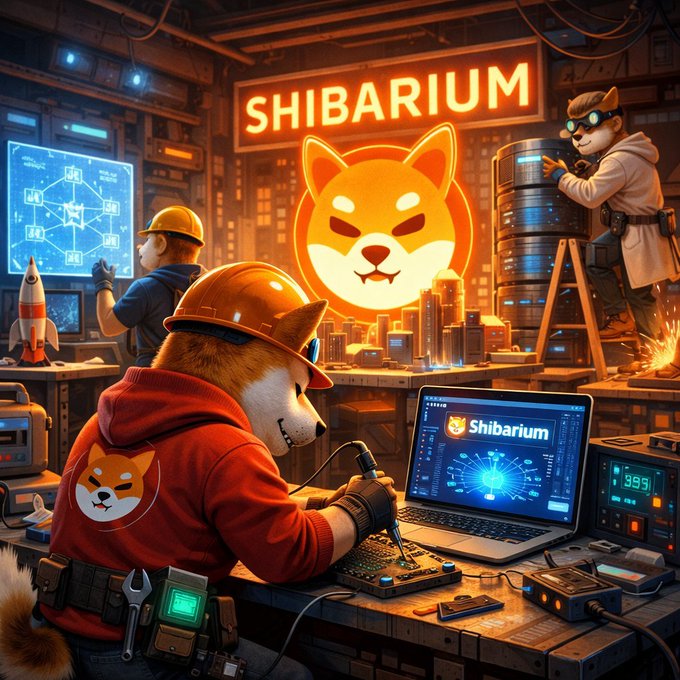 Stylized digital artwork featuring Shiba Inu characters in hard hats working on electronics and laptops displaying the Shibarium logo, with a glowing 'SHIBARIUM' sign and Shiba emblem in the background.