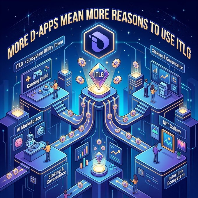 A digital illustration titled 'MORE D-APPS MEAN MORE REASONS TO USE ITLG' showing an interconnected ecosystem with Gaming Guild, AI Marketplace, Staking & Governance, NFT Gallery, and InterLink features centered around the ITLG token.