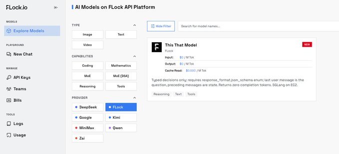 The image shows the FLock API Platform interface displaying the new "This That Model" from Flock, with pricing details of $0/M Tok for input and output (cache reads at $0.05/M Tok), marked as a NEW release and tagged under Reasoning and Text capabilities. This directly supports the post's announcement that FLock's proprietary This/That model is now available on their platform as an open source, free tool.