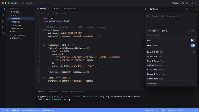 A screenshot of VS Code showing an `agent.py` script that uses the OpenAI SDK to connect to GLM-5.2, with the terminal output displaying "1,200 / 20,000,000 free" tokens remaining, visually confirming the post's claim about the free token allotment and quick setup process.