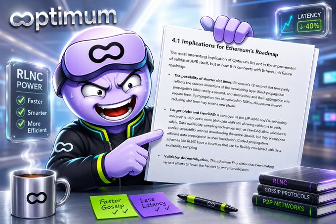 An animated purple character for "Optimum" holding a document titled "4.1 Implications for Ethereum's Roadmap," highlighting a 40% latency reduction, faster gossip, and reduced slot times, with sticky notes and books referencing RLNC and P2P networks.