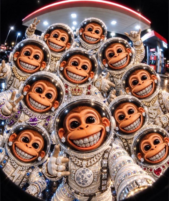 Multiple cartoonish monkey heads wearing diamond-encrusted space helmets and gold chains appear in a fisheye-lens style image at night, with some making peace signs.
