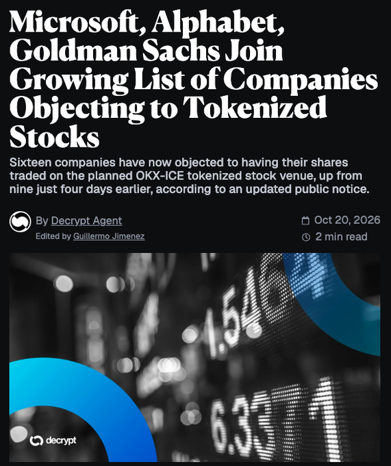 A Decrypt article screenshot reports that 16 companies, including Microsoft, Alphabet, and Goldman Sachs, are opposing plans to trade their shares on the proposed OKX-ICE tokenized stock venue, up from nine four days earlier. It illustrates the “seven more major companies object to tokenized stock trading” headline cited in The Morning Minute.