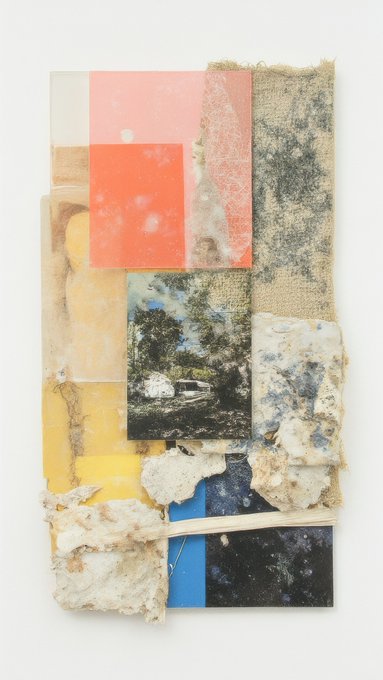 A mixed-media collage artwork featuring layered translucent colored panels, photographic imagery of trees and landscapes, and textured fabric elements in orange, blue, yellow, and earthy tones, displayed against a white background as part of a collection of four digital art pieces.