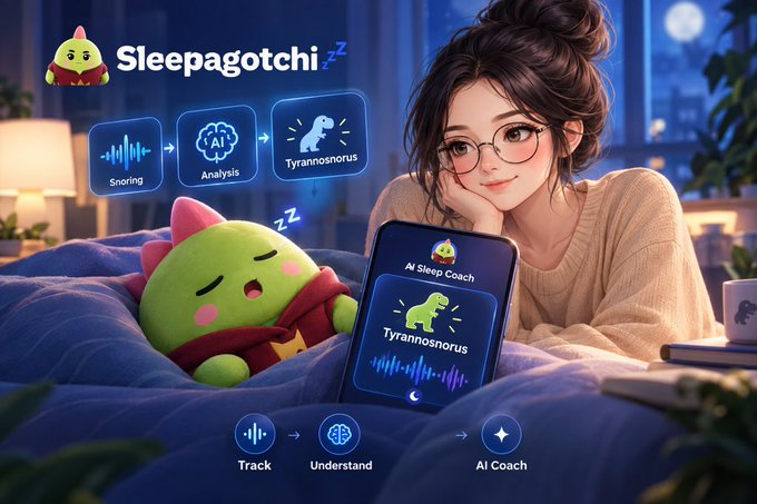 An illustration advertising 'Sleepagotchi' shows a young woman with glasses looking at a sleeping green creature, alongside a smartphone displaying an 'AI Sleep Coach' analyzing a 'Tyrannosaurus' soundbite, with icons for 'Snoring', 'Analysis', 'Track', 'Understand', and 'AI Coach'.
