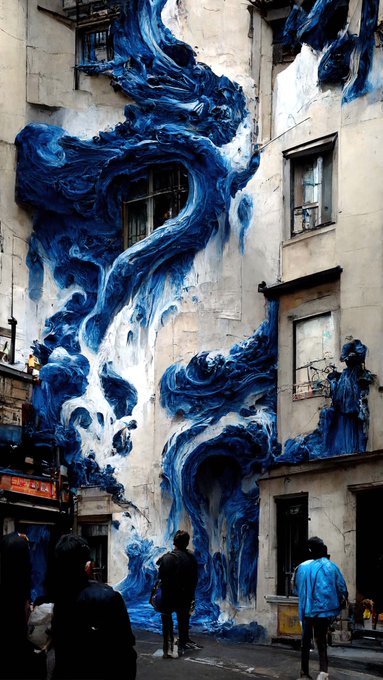 A massive blue-and-white swirling mural resembling turbulent waves or smoke engulfs the entire facade of a tall building, as a small group of onlookers gather in the narrow alleyway below to admire the striking piece. Titled "social fabric" by TBT (2022), the artwork's fluid, communal energy mirrors the way public street art weaves together artists and spectators, transforming shared urban space into a collective experience.