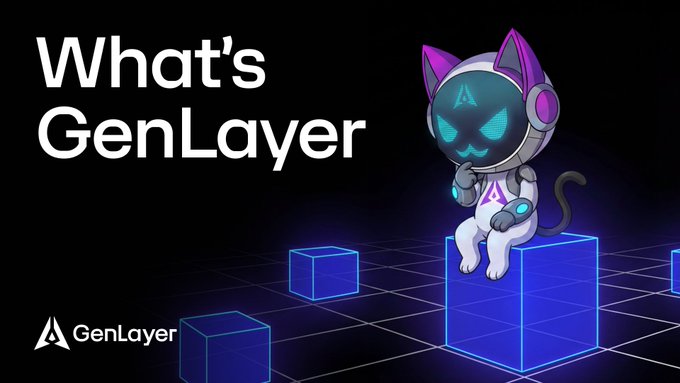 A futuristic neon-lit illustration featuring a stylized cat mascot in a spacesuit-like outfit sitting atop glowing blue cubes in a digital grid landscape, with the text "What's GenLayer" and the GenLayer logo, which aligns with the post about explaining the GenLayer platform that offers more intelligent, context-aware solutions beyond scripted bot responses.