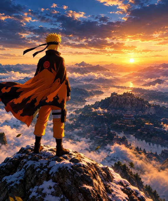 A stylized AI-generated anime artwork depicting a blonde-haired character in an orange and black cloak overlooking a vast misty landscape with mountains, a coastal village, and carved giant faces in the rock at sunset.