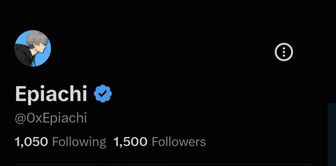 A profile header for the X (Twitter) account 'Epiachi' (@0xEpiachi) with an anime-style profile picture, showing 1,050 Following and 1,500 Followers.