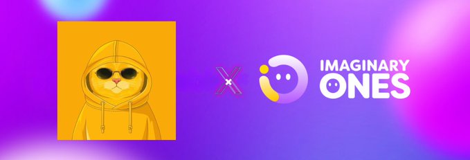 A promotional graphic featuring a cartoon cat in a yellow hoodie and sunglasses next to the Imaginary Ones logo on a purple and orange background.