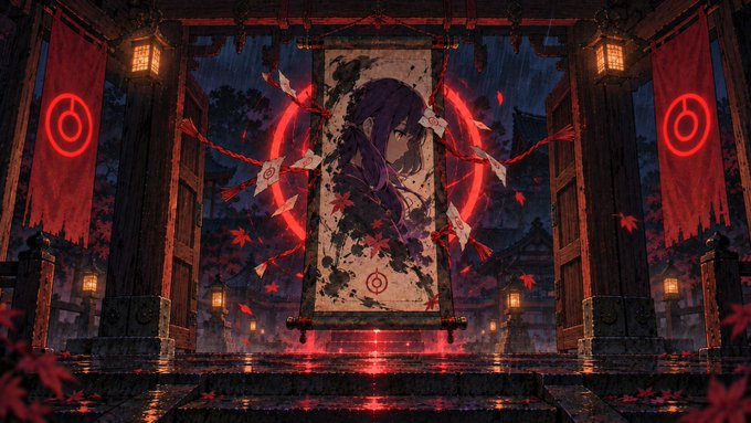 An anime-style girl with purple hair is depicted on a hanging scroll, surrounded by a glowing red circular emblem, traditional lanterns, and red banners at a Japanese shrine entrance. The mystical and ornate imagery complements the post's announcement of KOBOS's return, with the striking red motifs symbolizing the "new chapter" and free minting event for the 1,111 NFTs.