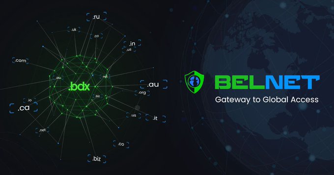 Promotional graphic for BELNET featuring a network diagram with the domain '.bdx' connected to various country TLDs, alongside a world map and the tagline 'Gateway to Global Access'.
